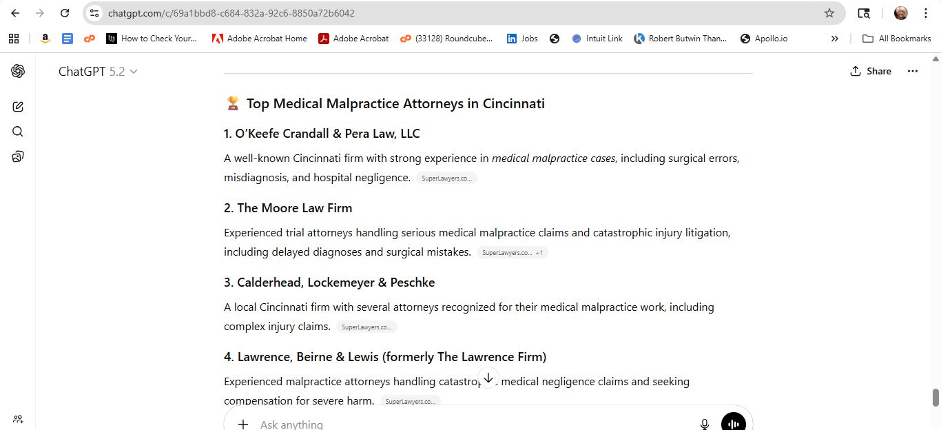 AI response screenshot for O'Keefe, Crandall & Pera - ChatGPT